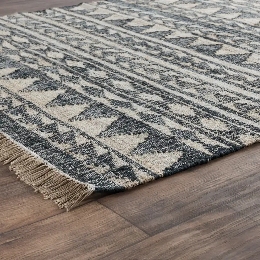 8' Black and Ivory Geometric Hand Woven Runner Rug With Fringe Photo 6