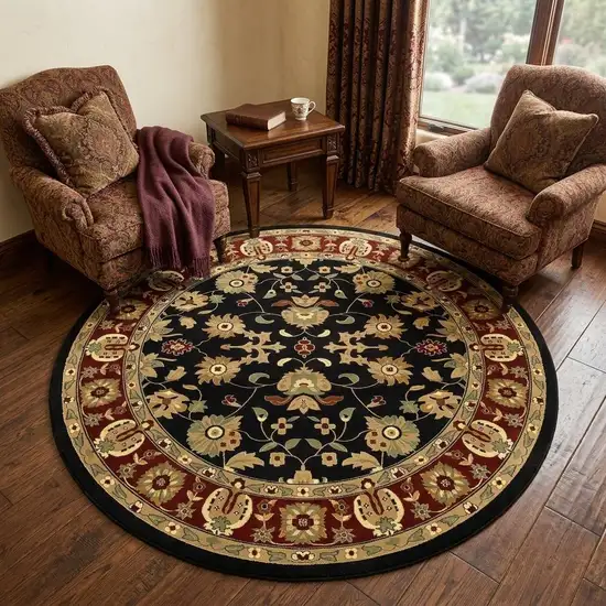 6' Black and Red Round Floral Area Rug Photo 1