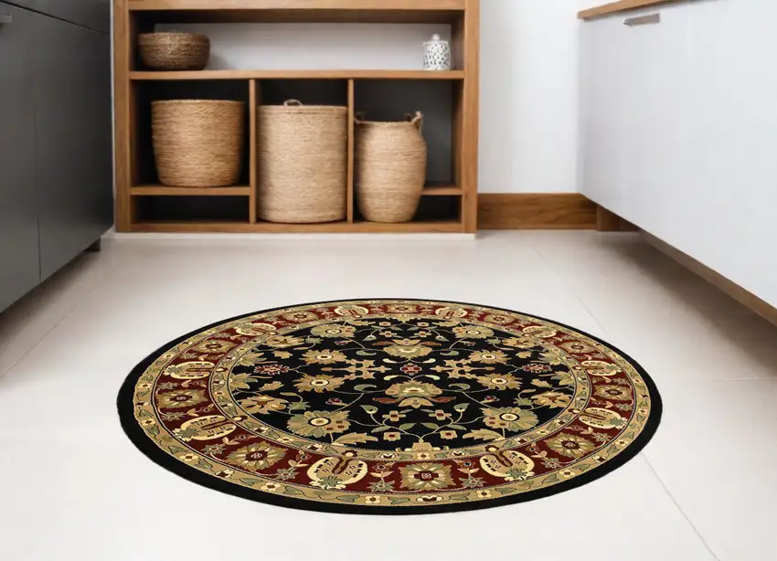 6' Black and Red Round Floral Area Rug Photo 1