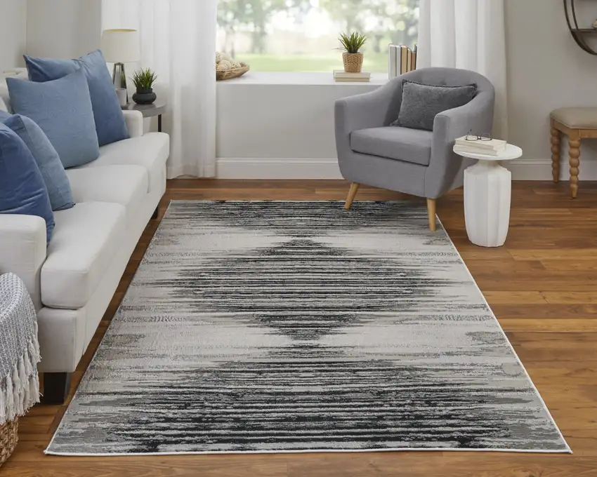 8' Black and Silver Geometric Power Loom Runner Rug Photo 5