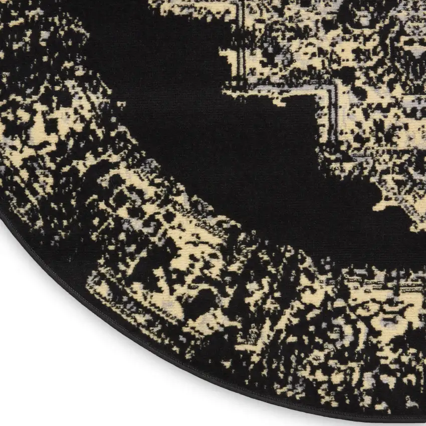 4' Black and Tan Medallion Distressed Non Skid Round Rug Photo 8