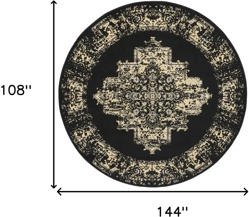 4' Black and Tan Medallion Distressed Non Skid Round Rug Photo 3