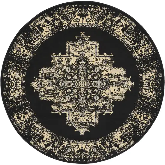 4' Black and Tan Medallion Distressed Non Skid Round Rug Photo 4