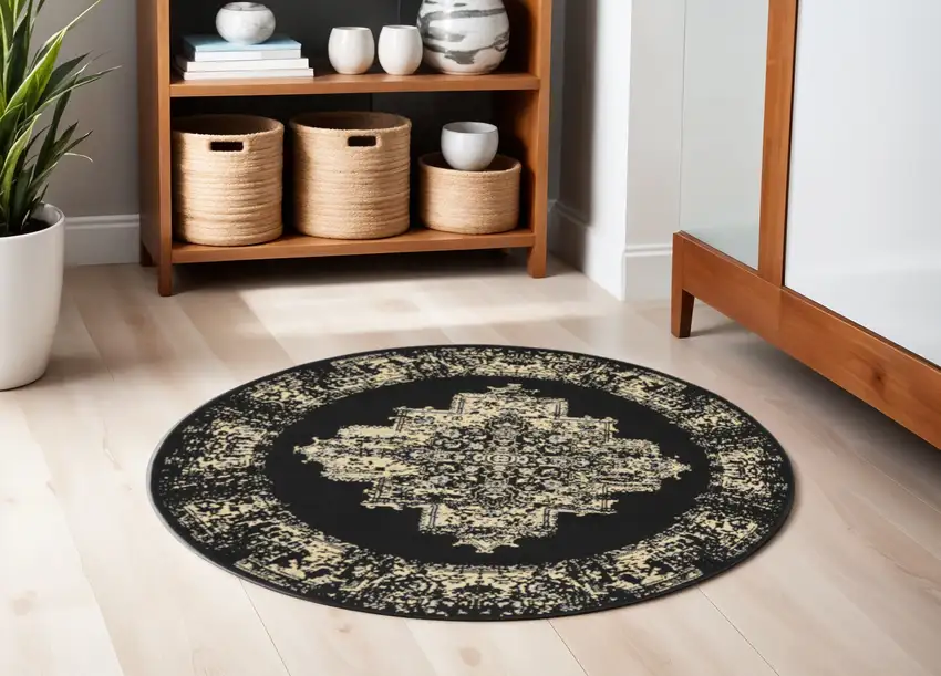 4' Black and Tan Medallion Distressed Non Skid Round Rug Photo 1