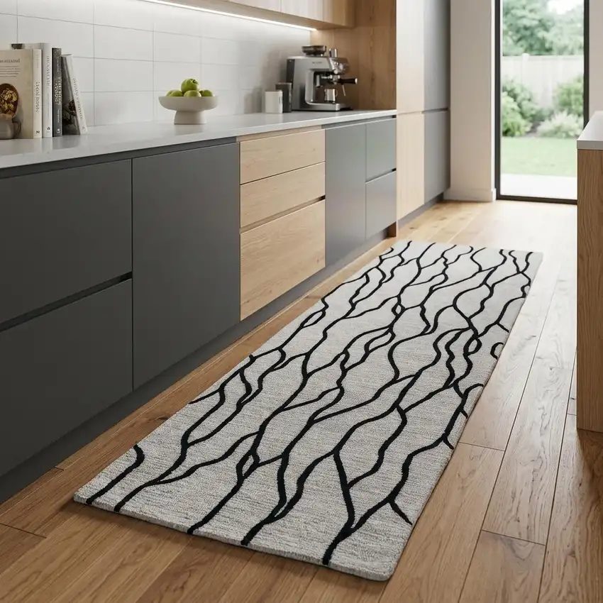 8' Gray And Black Abstract Hand Tufted Runner Rug Photo 1