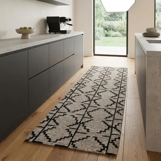 8' Black and Taupe Geometric Hand Tufted Runner Rug Photo 1