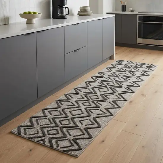 8' Black Taupe And Gray Geometric Hand Tufted Runner Rug Photo 1