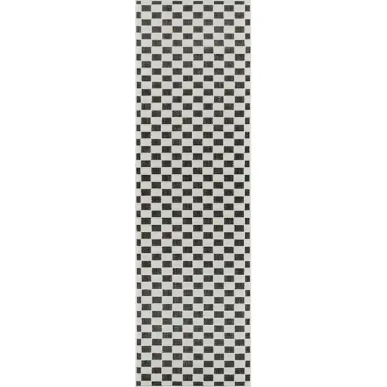 10' Black and White Geometric Distressed Indoor Outdoor Runner Rug Photo 4