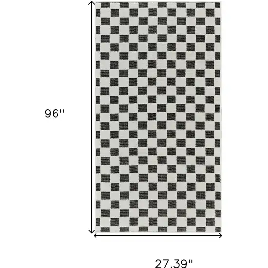8' Black and White Geometric Distressed Indoor Outdoor Runner Rug Photo 3