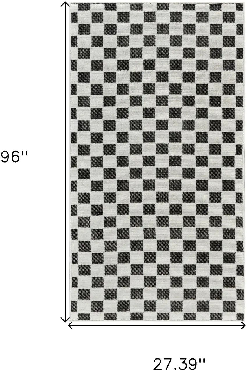 8' Black and White Geometric Distressed Indoor Outdoor Runner Rug Photo 3