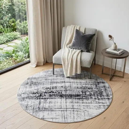 5' Black and White Round Abstract Non Skid Area Rug Photo 1