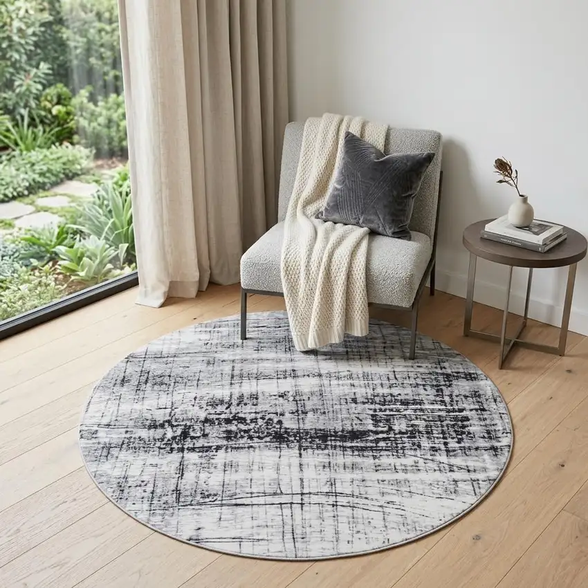 5' Black and White Round Abstract Non Skid Area Rug Photo 1