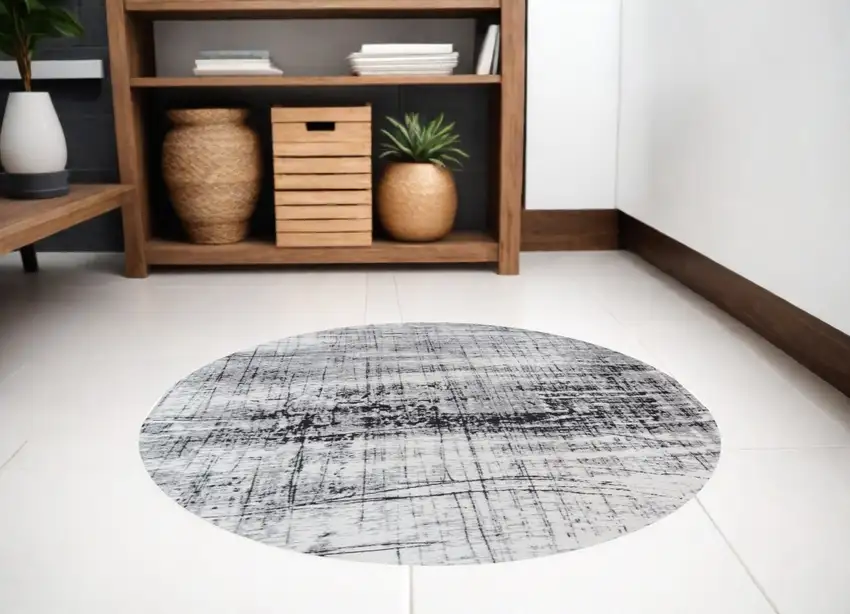 5' Black and White Round Abstract Non Skid Area Rug Photo 1