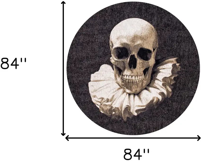 8' Black and White Round Funky Skull Non Skid Area Rug Photo 3