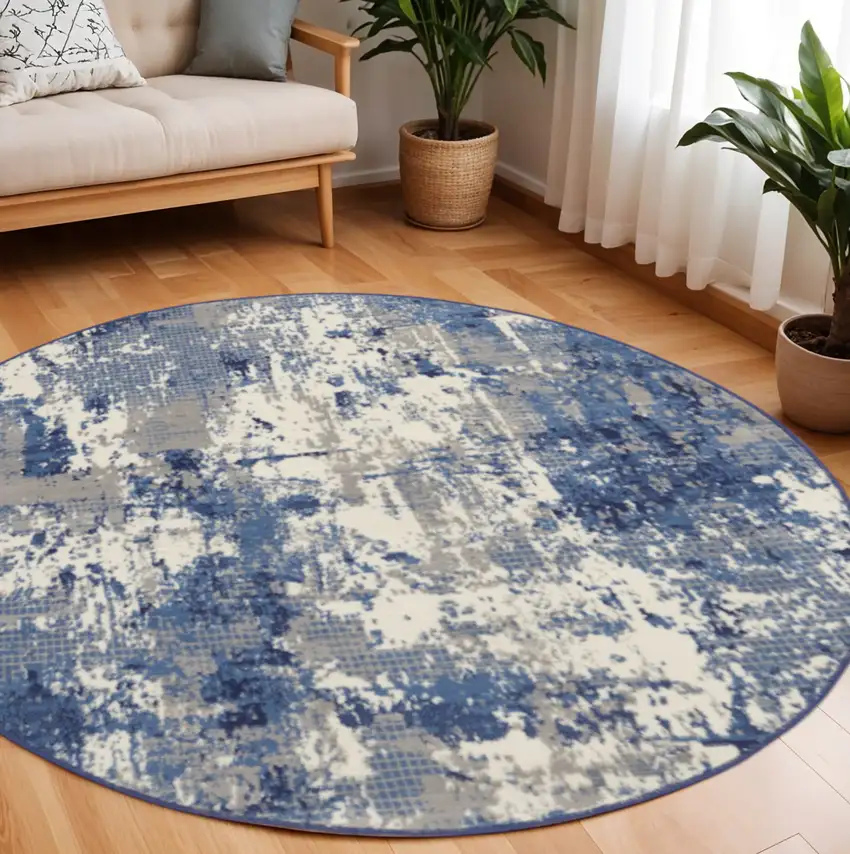 8' Blue Abstract Power Loom Round Rug Photo 1