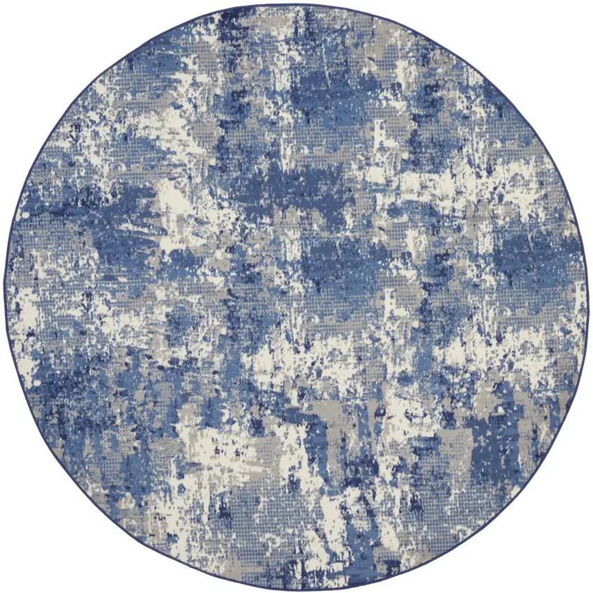 8' Blue Abstract Power Loom Round Rug Photo 4
