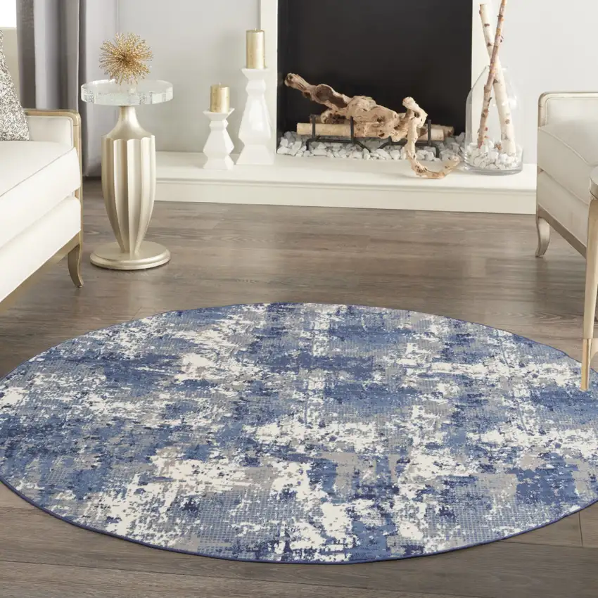 8' Blue Abstract Power Loom Round Rug Photo 5