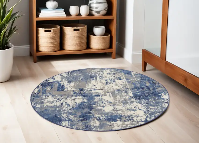4' Blue Abstract Power Loom Round Rug Photo 1