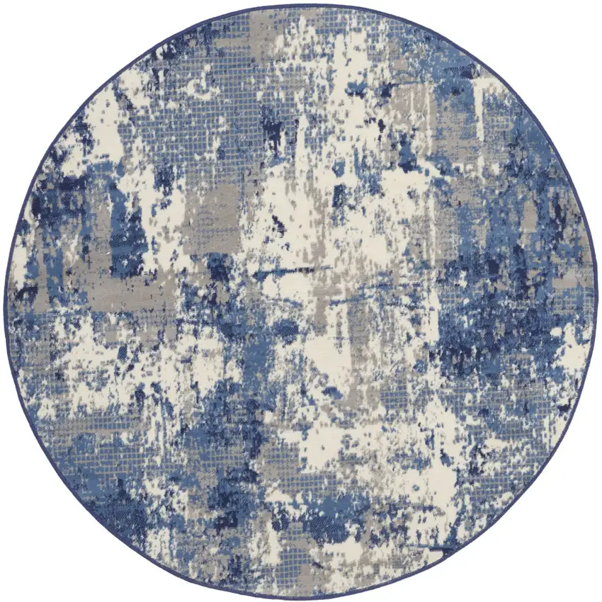 4' Blue Abstract Power Loom Round Rug Photo 4