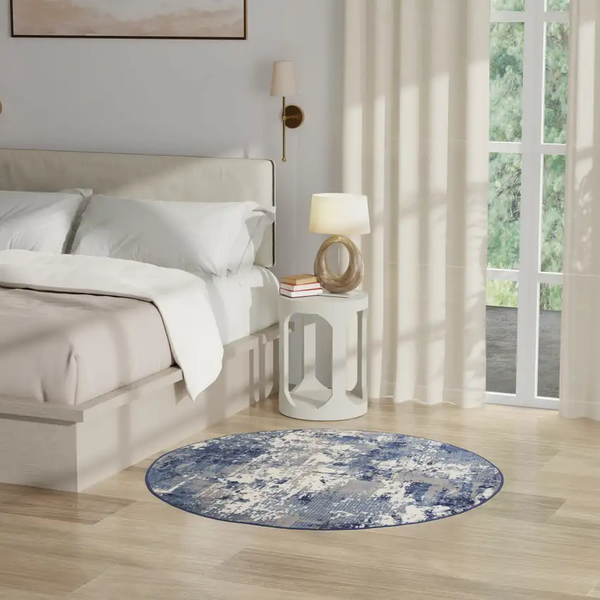 5' Blue Abstract Power Loom Round Rug Photo 5