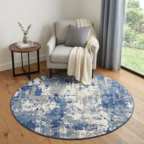 5' Blue Abstract Power Loom Round Rug Photo 1