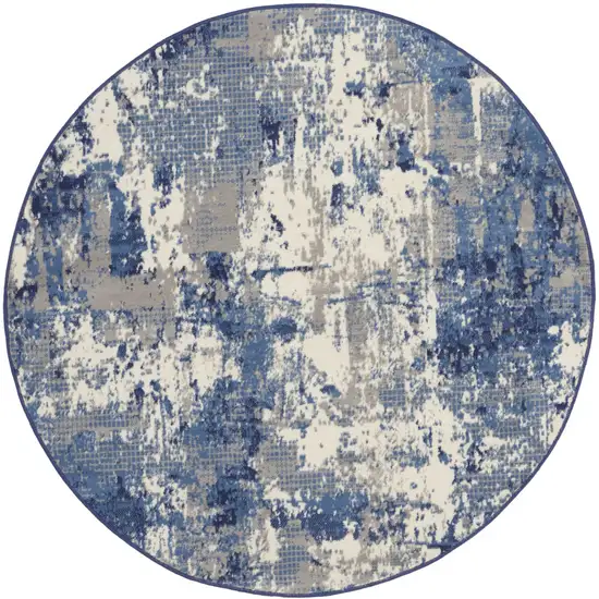 5' Blue Abstract Power Loom Round Rug Photo 4