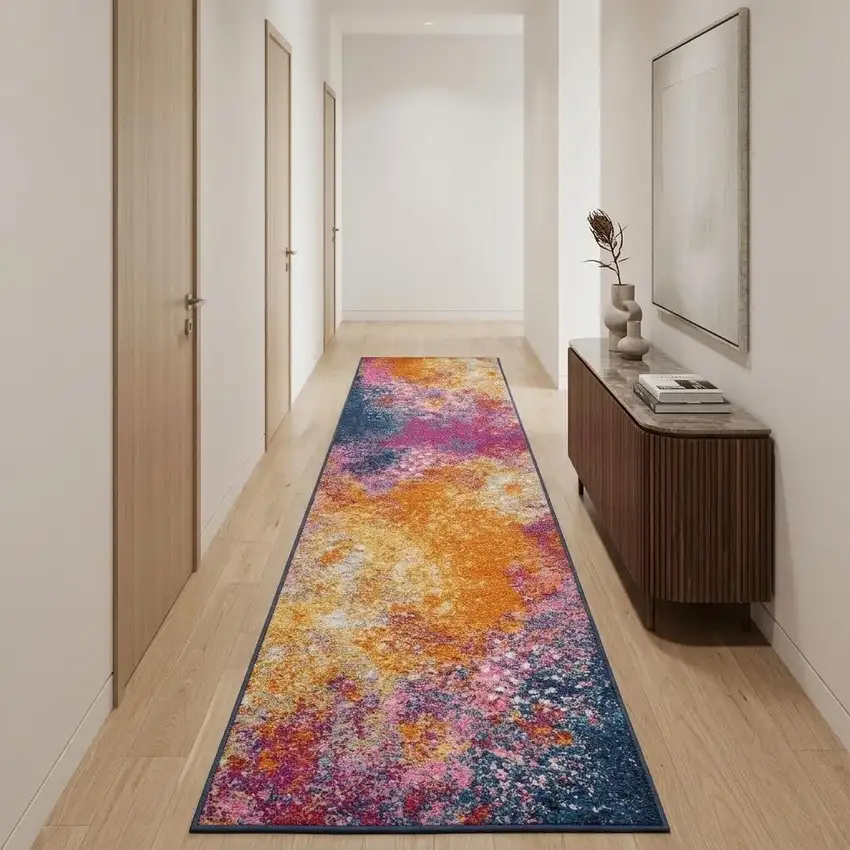 12' Blue Abstract Power Loom Runner Rug Photo 1