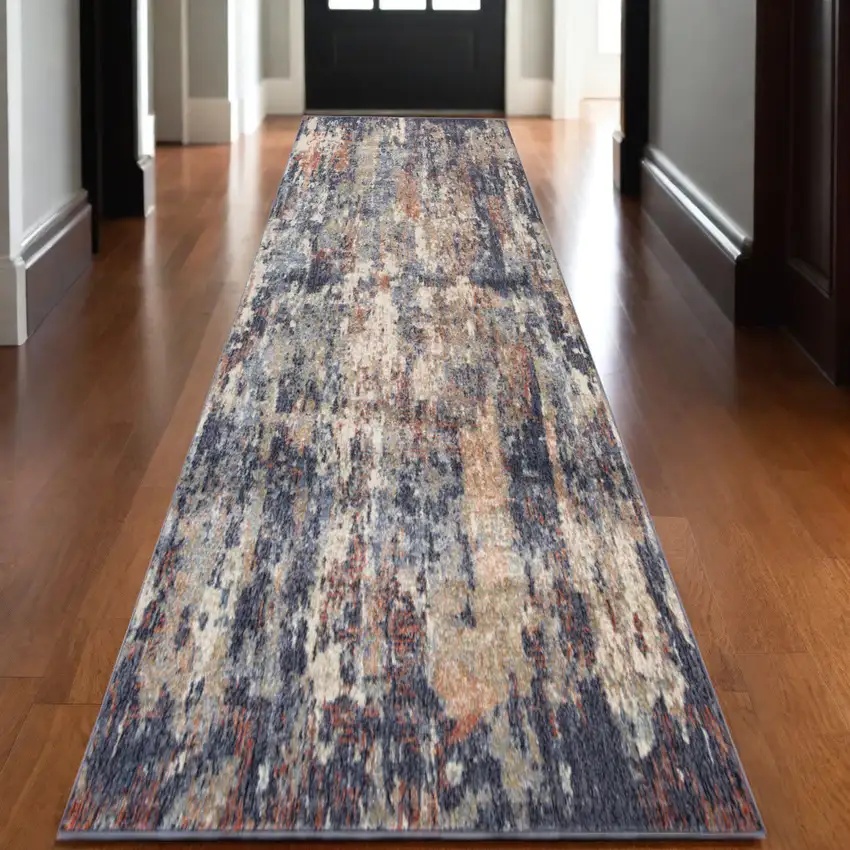 10' Ivory Navy and Orange Abstract Power Loom Runner Rug Photo 1