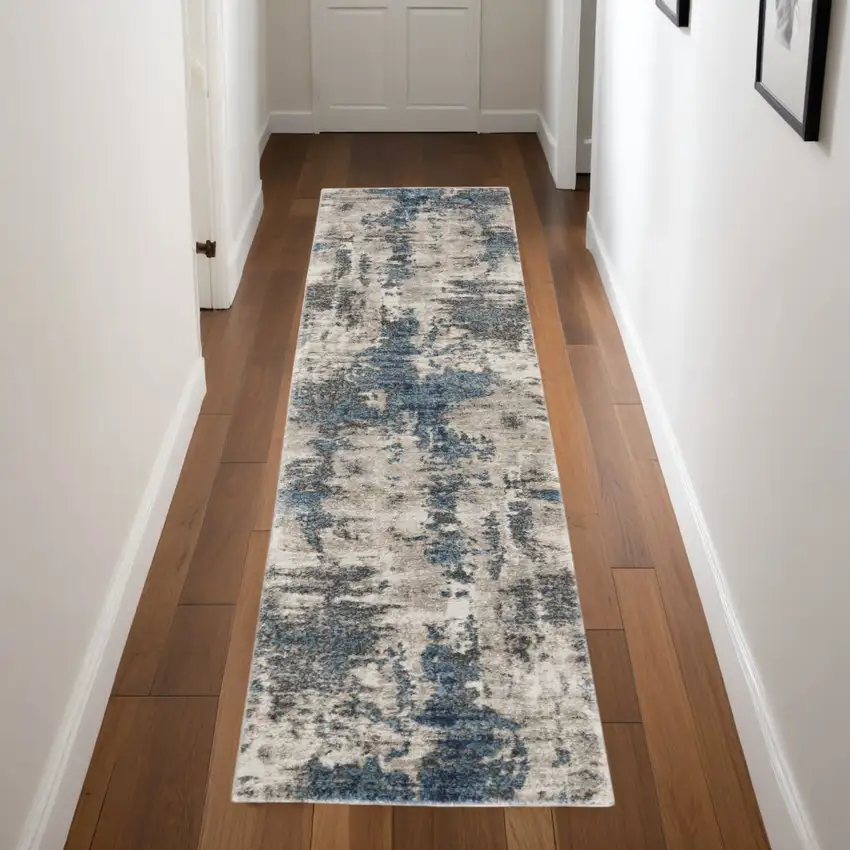 8' Blue Abstract Power Loom Runner Rug Photo 1