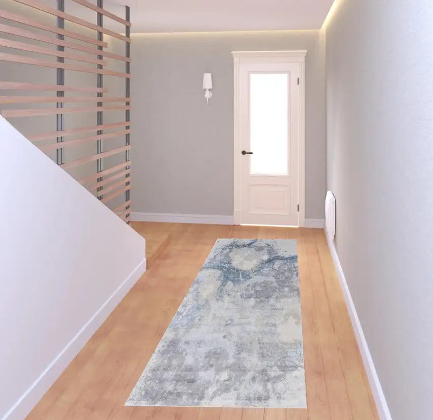 8' Ivory Blue And Gray Abstract Runner Rug Photo 2