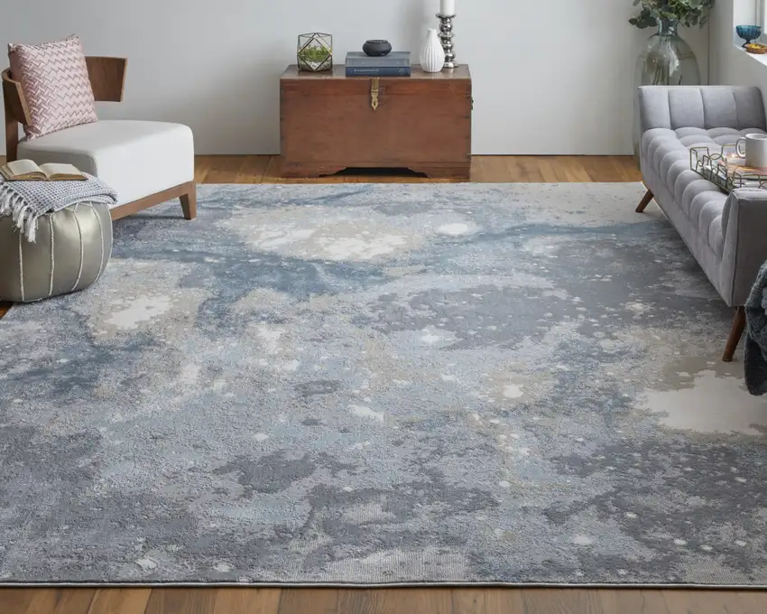 8' Ivory Blue And Gray Abstract Runner Rug Photo 7