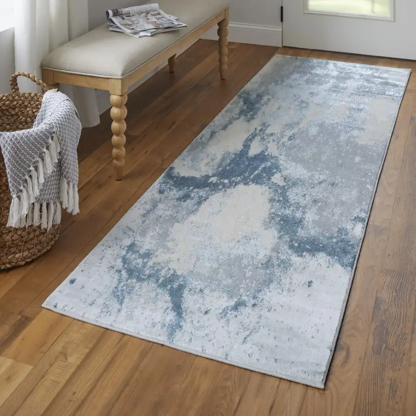 8' Ivory Blue And Gray Abstract Runner Rug Photo 6