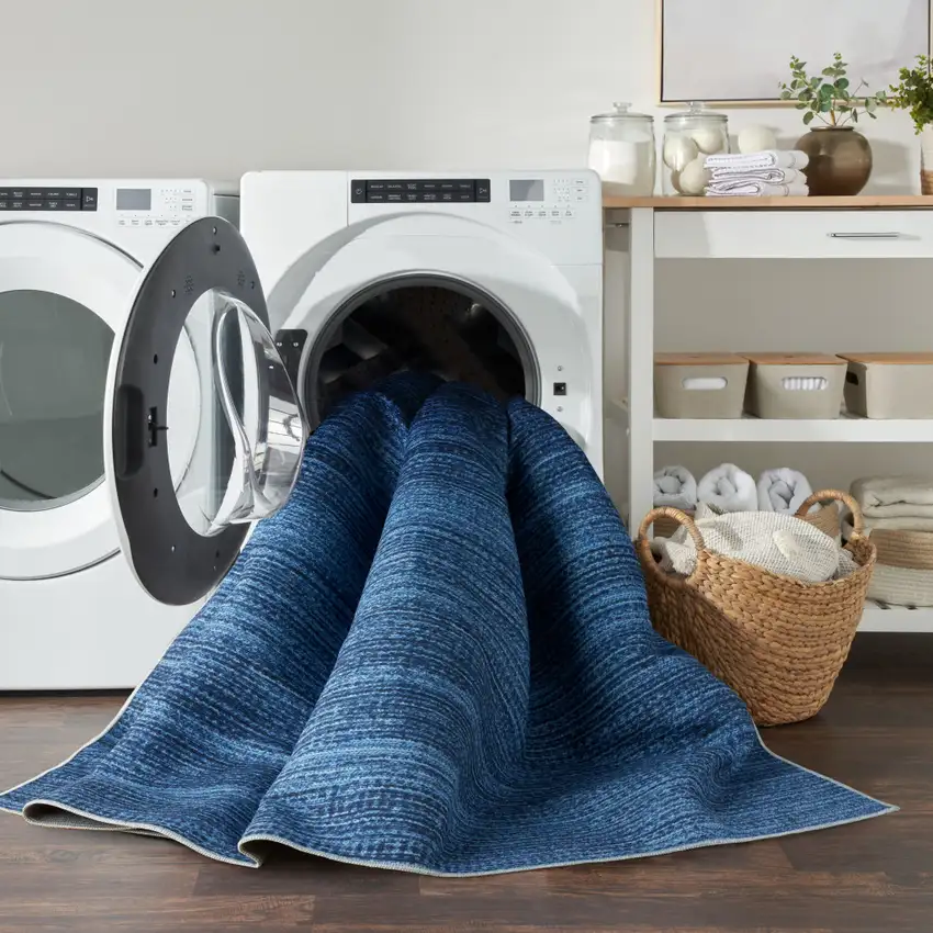 8' Blue Abstract Washable Runner Rug Photo 7