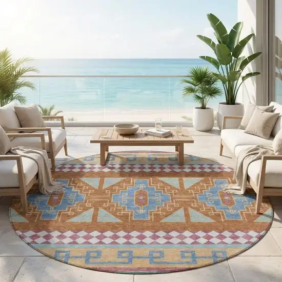 8' Blue And Aqua Round Tribal Washable Indoor Outdoor Area Rug Photo 1