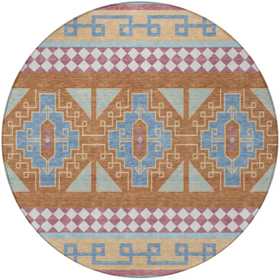 8' Blue And Aqua Round Tribal Washable Indoor Outdoor Area Rug Photo 4
