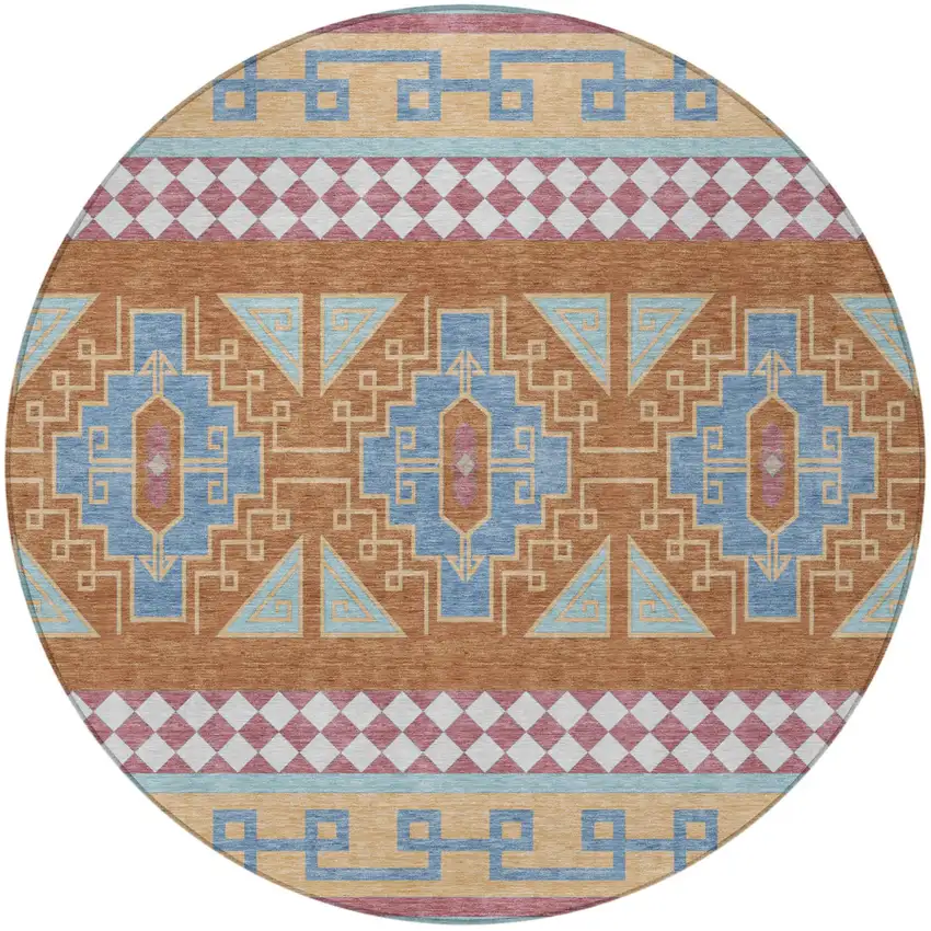 8' Blue And Aqua Round Tribal Washable Indoor Outdoor Area Rug Photo 4