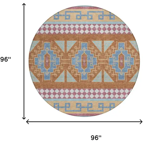 8' Blue And Aqua Round Tribal Washable Indoor Outdoor Area Rug Photo 7