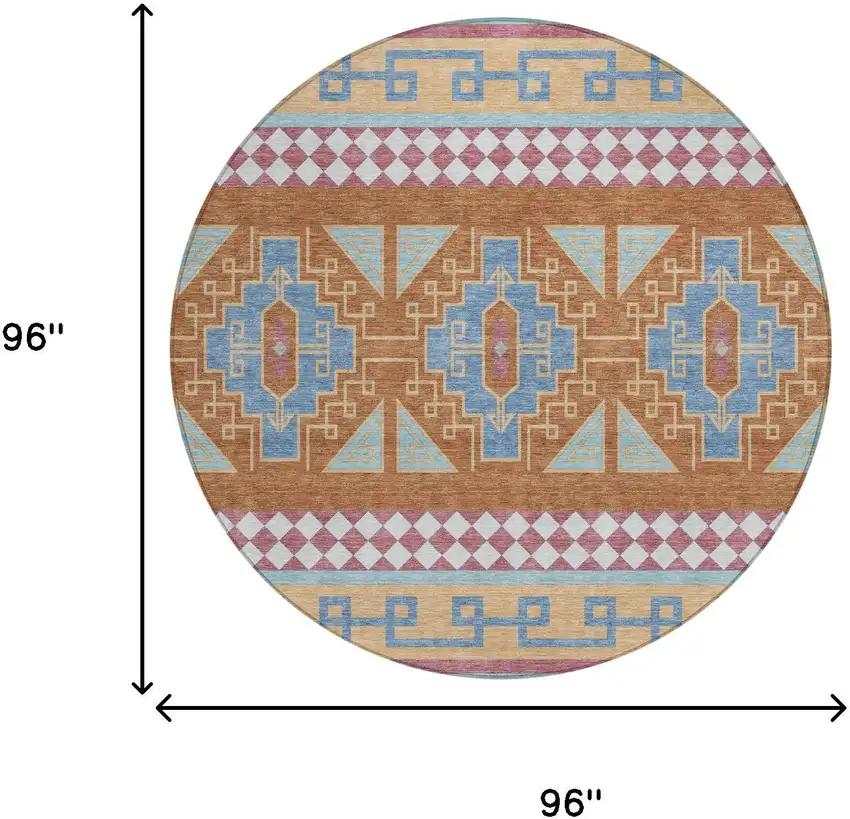 8' Blue And Aqua Round Tribal Washable Indoor Outdoor Area Rug Photo 7