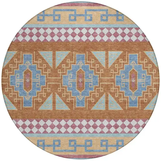 8' Blue And Aqua Round Tribal Washable Indoor Outdoor Area Rug Photo 2