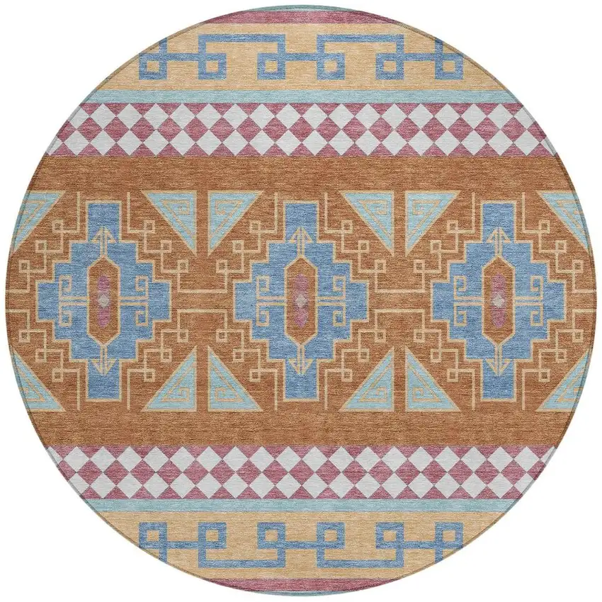 8' Blue And Aqua Round Tribal Washable Indoor Outdoor Area Rug Photo 2