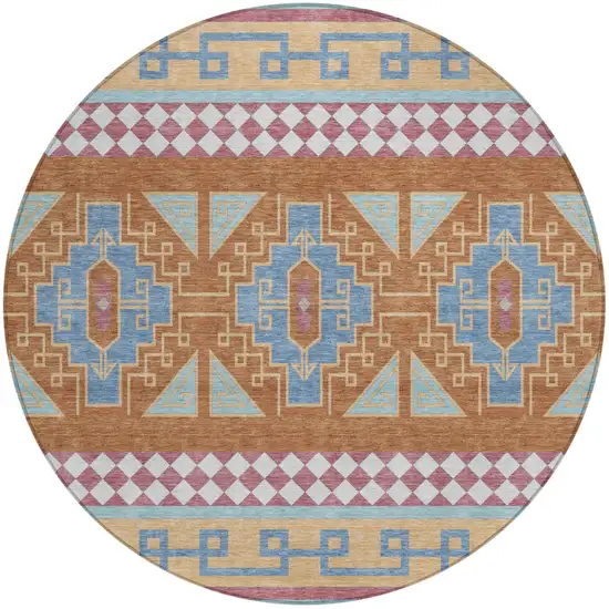 8' Blue And Aqua Round Tribal Washable Indoor Outdoor Area Rug Photo 3