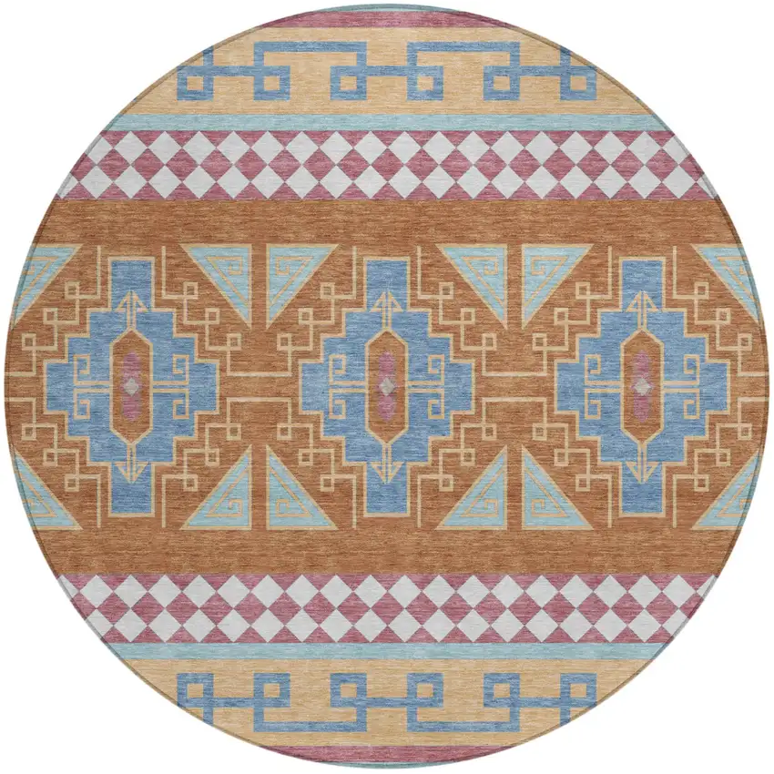 8' Blue And Aqua Round Tribal Washable Indoor Outdoor Area Rug Photo 3