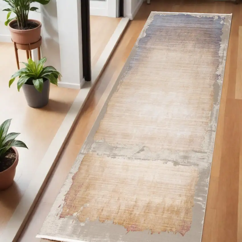 6' Blue And Beige Abstract Runner Rug Photo 2