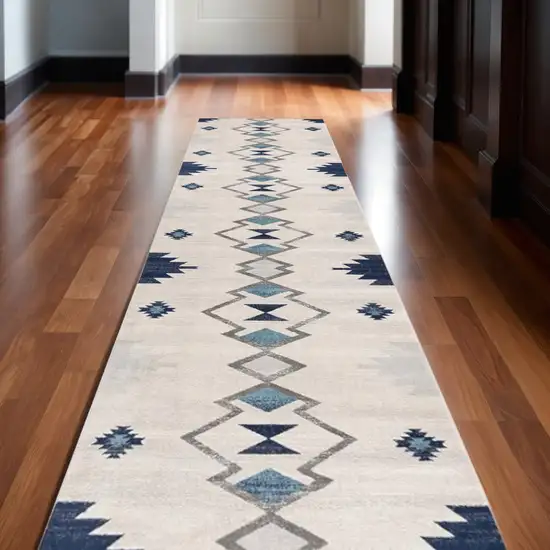 18' Blue And Beige Abstract Runner Rug Photo 2