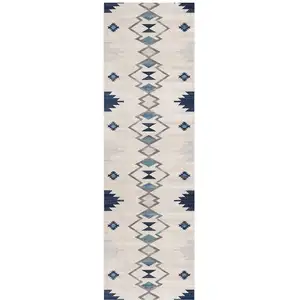 Photo of 12' Blue And Beige Abstract Runner Rug