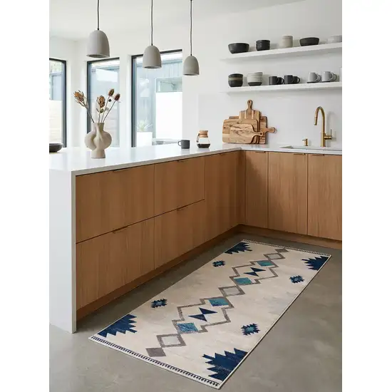 12' Blue And Beige Abstract Runner Rug Photo 7