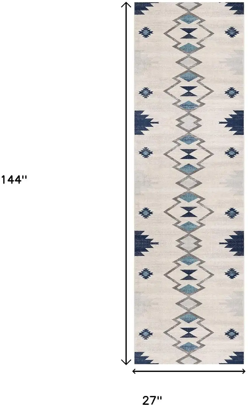 12' Blue And Beige Abstract Runner Rug Photo 9