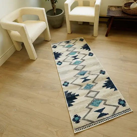 12' Blue And Beige Abstract Runner Rug Photo 5
