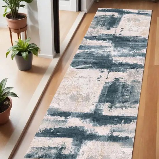 6' Blue And Beige Abstract Runner Rug Photo 2