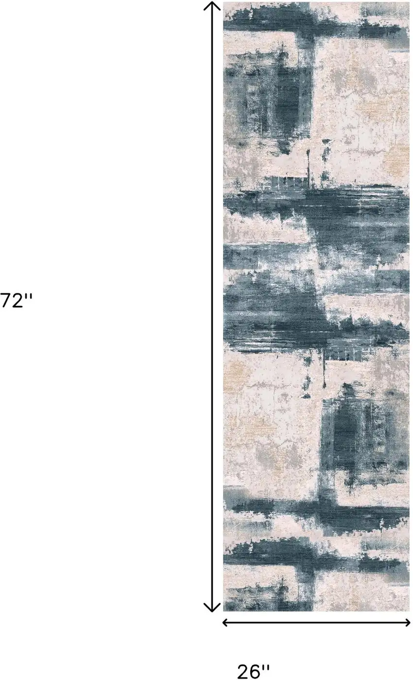 6' Blue And Beige Abstract Runner Rug Photo 8